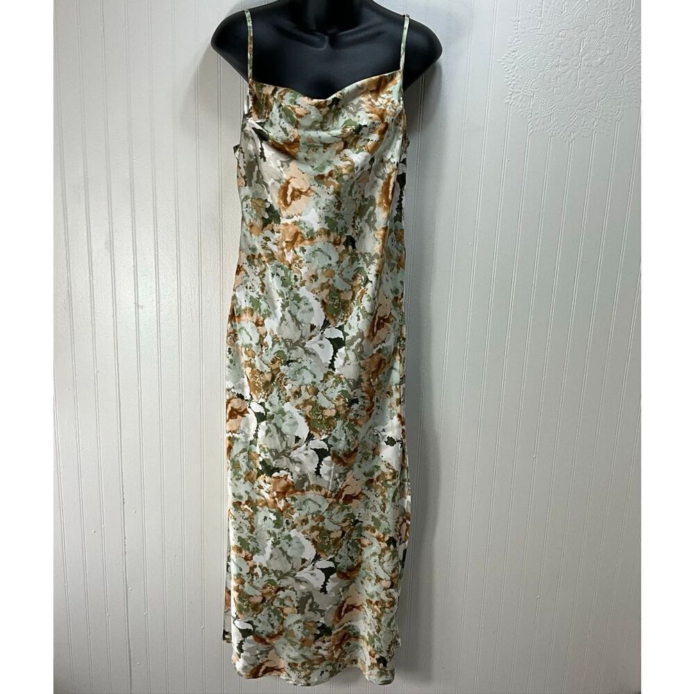 TSHER Satin Cowl Neck Midi Floral Slip Dress
